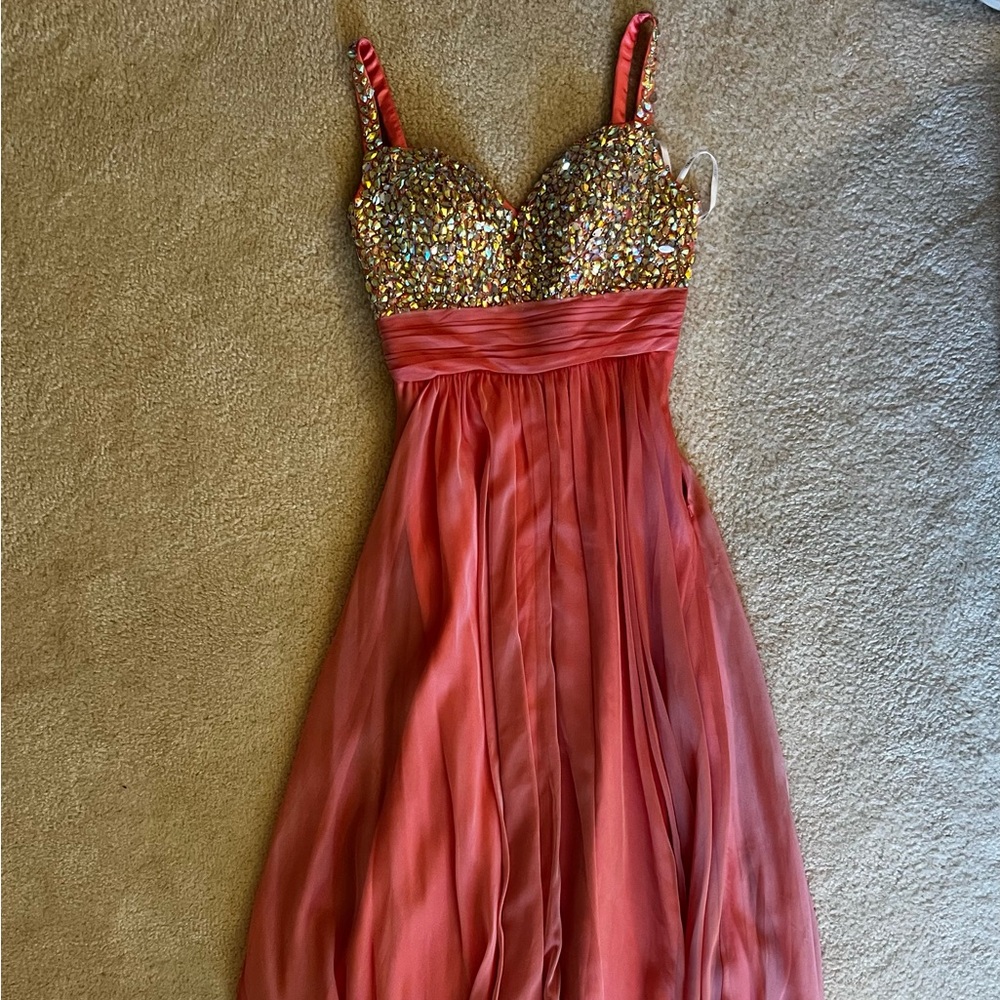 Elegant Coral Gown with Sequin Bodice